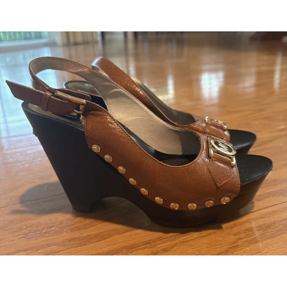 Michael Kors Brown Leather Wedge Slingback Heels Studded Logo Open Toe Sz 8
